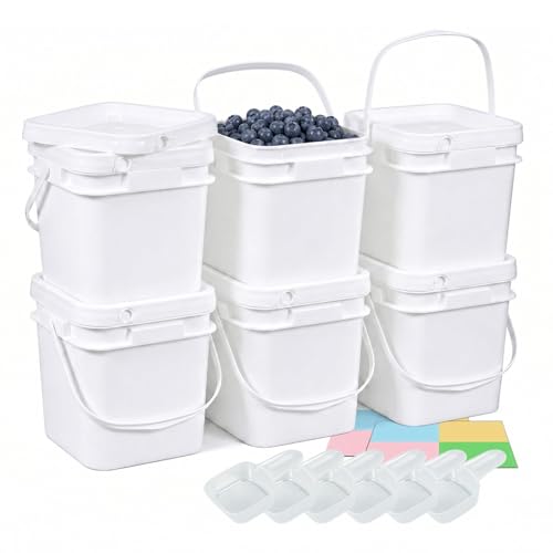 DEMORA 68oz Food Grade Square Plastic Bucket with Lid, Airtight Storage Container, Reusable Pail for Kitchen Food Water Ice Cream Household Use (White, 6Pcs) - color: White