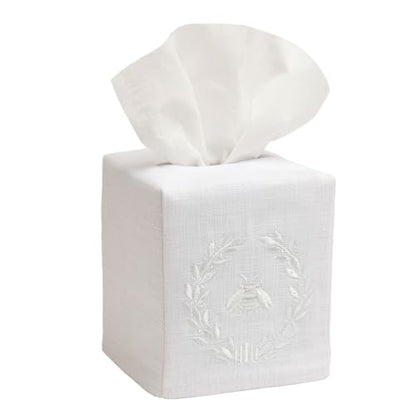 Jacaranda Living Square Tissue Box Cover, Linen/Cotton Fabric Tissue Holder, Decorative Cloth Tissue Cube Cover, Embroidered Bee Designs, Napoleon Bee Wreath (White) - color: Napoleon Bee Wreath (White)