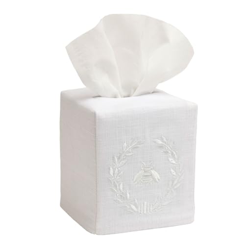 Jacaranda Living Square Tissue Box Cover, Linen/Cotton Fabric Tissue Holder, Decorative Cloth Tissue Cube Cover, Embroidered Bee Designs, Napoleon Bee Wreath (White) - color: Napoleon Bee Wreath (White)