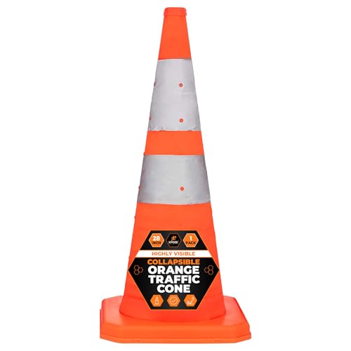 Xpose Safety Collapsible Orange Traffic Cones 28 Inch – Reflective Safety Cone for Parking, Roadside Emergency, Construction, Work Zones, Road Crews & Vehicle Safety