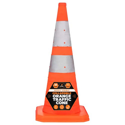 Xpose Safety Collapsible Orange Traffic Cones 28 Inch – Reflective Safety Cone for Parking, Roadside Emergency, Construction, Work Zones, Road Crews & Vehicle Safety