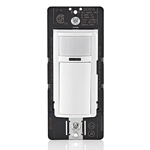 Leviton Decora Occupancy Motion Sensor in-Wall Switch, Auto-On or Manual-On, 15A, Single Pole, Multi-Way or Multi-Sensor, DOS15-1LZ, White with Ivory, Light Almond Faceplates - size: (Pack of 1)