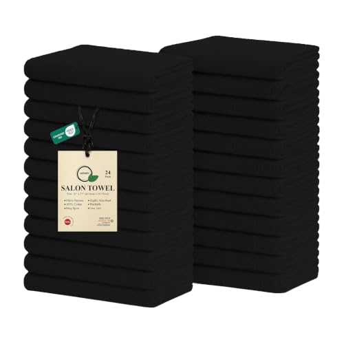 Salon Towels – Pack of 24 (16"x27") 100% Cotton Ring Spun (Not Bleach Proof) Ultra Soft, Highly Absorbent Hand Towels – Bulk for Spa, Gym & Salon (Black) - color: Black