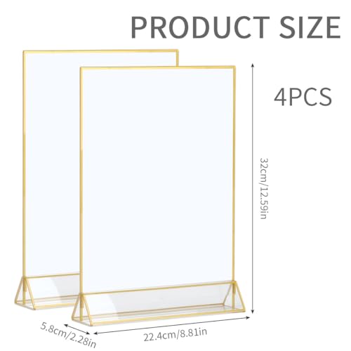 FOCCTS 4 Pack Acrylic Sign Holder 8.5X11 Gold Frames,Double Sided Flyer Holder Vertical Sign Holder Tabletop Menu Display Stand Clear Paper Stand for Flyer Document Poster Ad Photo Picture Table Menu