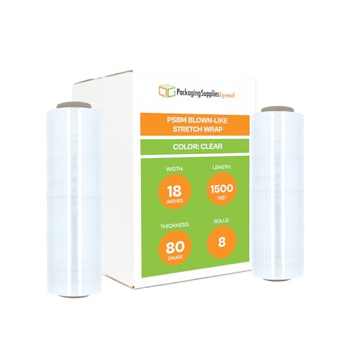 PSBM Blown Stretch Wrap, 8 Rolls 18 Inch x 1500 Feet 80 Gauge Heavy Duty Clear Plastic Wrap Industrial Strength Shrink Film for Moving, Packing & Shipping - size: 18 Inch (80GA), style: 2 Case
