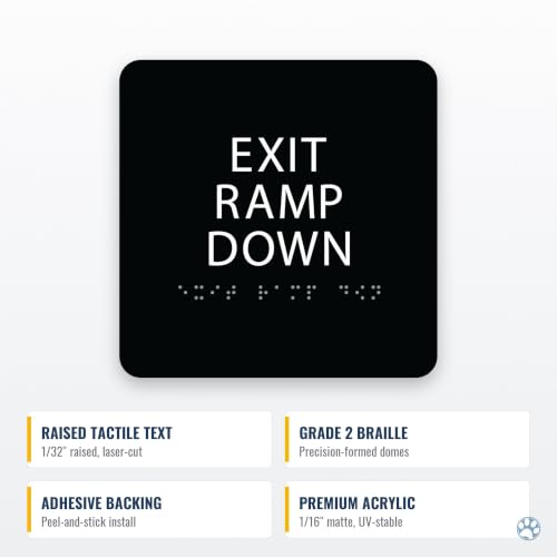 Alpha Dog Exit Ramp Down Sign, 6x6 ADA Braille Sign, Black - color: Black, size: Exit Ramp Down