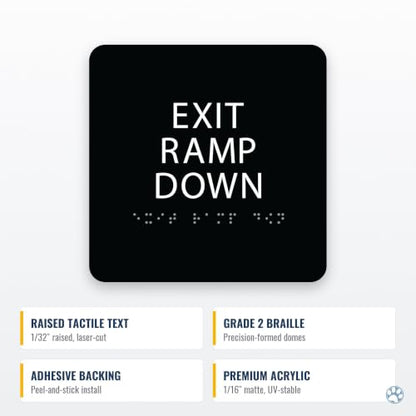Alpha Dog Exit Ramp Down Sign, 6x6 ADA Braille Sign, Black - color: Black, size: Exit Ramp Down