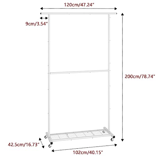 Sywhitta Double Rod Metal Clothing Rack on Wheels with Bottom Mesh,White - color: White, size: With mesh