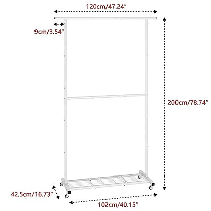 Sywhitta Double Rod Metal Clothing Rack on Wheels with Bottom Mesh,White - color: White, size: With mesh