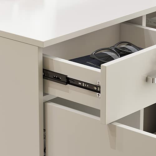 AIEGLE Reception Desk with Hutch, Reception Counter Desk with Lockable Drawers & Shelves, for Salon Recetion Room Retail Counter Checkout Office, White (55.1" W x 43.3" D x 43.3" H) - color: White