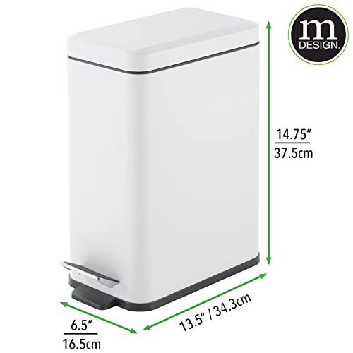 mDesign Pedal Bin — Waste Bin with Pedal, Lid and Plastic Bucket Insert for Bathroom, Kitchen, and Office — Metal Household Rubbish Bin with Ergonomic Design — White - color: White, size: 2.6 Gallon