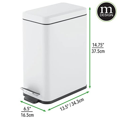 mDesign Pedal Bin — Waste Bin with Pedal, Lid and Plastic Bucket Insert for Bathroom, Kitchen, and Office — Metal Household Rubbish Bin with Ergonomic Design — White - color: White, size: 2.6 Gallon