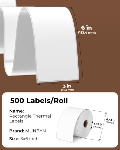 MUNBYN 3x6 Thermal Labels, 500 Sheets/1 Roll, White - color: White, size: 3x6"
