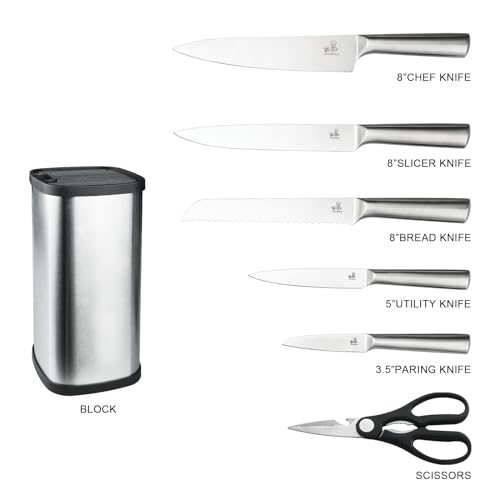 CHUSHIJI 6-Piece Small Stainless Steel Knife Set with Block, High Carbon Steel, Dishwasher Safe Gift - color: Silver
