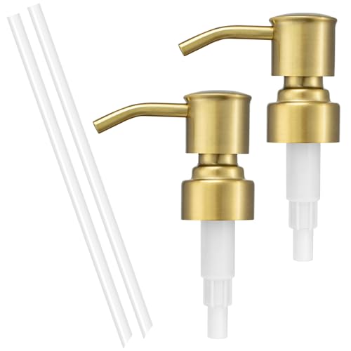 2 Pack Brushed Gold 304 Stainless Steel Soap Dispenser Pump Replacement Standard 28/400 Thread for Regular Mouth Bottles Lotion Soap for Kitchen Bathroom - color: Brushed Gold