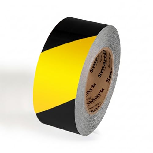 SmartSign Yellow/Black Striped Floor Marking Tape, 2" x 100' Roll, Durable Polyester, Laminated Protection - Non-Abrasive, Adhesive Safety Tape for Warehouses, High Traffic/Forklift Areas, Removable - color: Yellow/Black Striped, size: 2"