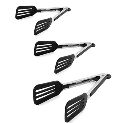 3 PCS Stainless Steel & Silicone Cooking Tongs Set (7", 9", 12") - color: Black, size: 7 & 9 & 12 inch