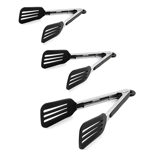 3 PCS Stainless Steel & Silicone Cooking Tongs Set (7", 9", 12") - color: Black, size: 7 & 9 & 12 inch