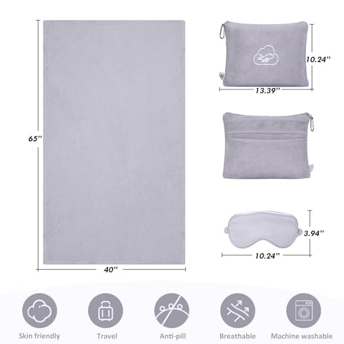 Travel Blanket Pillow,Airplane Blanket Compact with Bag Eye Mask, Ultra-Soft,Warm & Lightweight Included,Travel Essentials for Women & Men, Luggage Sleeve & Backpack Clip 65x40 in, Grey - color: Gray