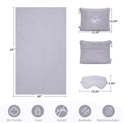 Travel Blanket Pillow,Airplane Blanket Compact with Bag Eye Mask, Ultra-Soft,Warm & Lightweight Included,Travel Essentials for Women & Men, Luggage Sleeve & Backpack Clip 65x40 in, Grey - color: Gray