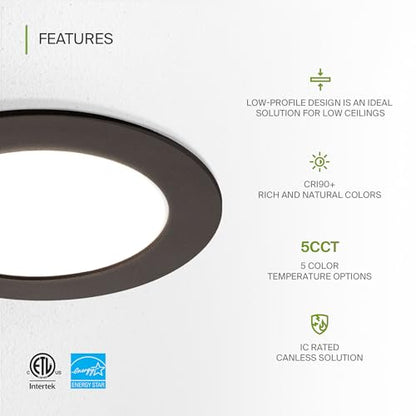 ASD 6 Pack LED Recessed Lighting 4 Inch 9W, 5 CCT 2700K-5000K CRI90+, IC Rated Ultra Thin Dimmable Ceiling Lights with J Box, Canless Wafer Downlight, Round Slim Panel Light, Energy Star ETL, Bronze - color: Bronze, size: 4 Inch 6 Pack