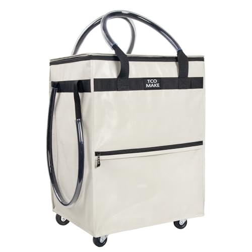 Medium Beige Reusable Grocery Bag on Wheels, Folding Rolling Tote - color: Beige, size: Medium