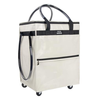 Medium Beige Reusable Grocery Bag on Wheels, Folding Rolling Tote - color: Beige, size: Medium