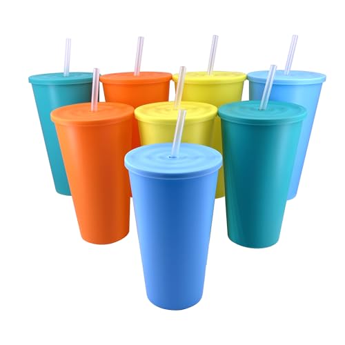 32 oz Cups with Lids and Straws Reusable set of 8, Bright Colors - color: Pastel