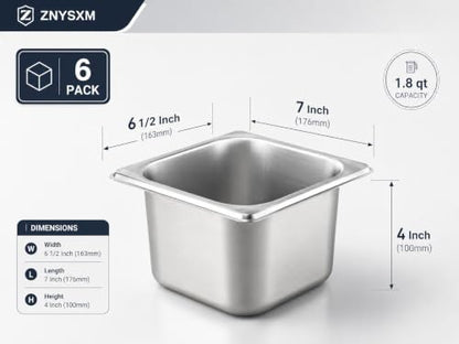 6 Pack Stainless Steel Hotel Pans with Lids, 1/6 Size 4 Inch Deep Steam Table Food Pans for Catering, Buffet and Food Prep - color: 1/6, size: 4inch