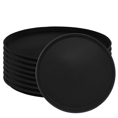 9 Pcs 16 Inch Large Restaurant Serving Trays Black Round Non Slip Plastic Tray with Rubber Lined for Bar Drink Cafeteria Food Coffee Table Hotel Party