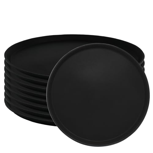 9 Pcs 16 Inch Large Restaurant Serving Trays Black Round Non Slip Plastic Tray with Rubber Lined for Bar Drink Cafeteria Food Coffee Table Hotel Party