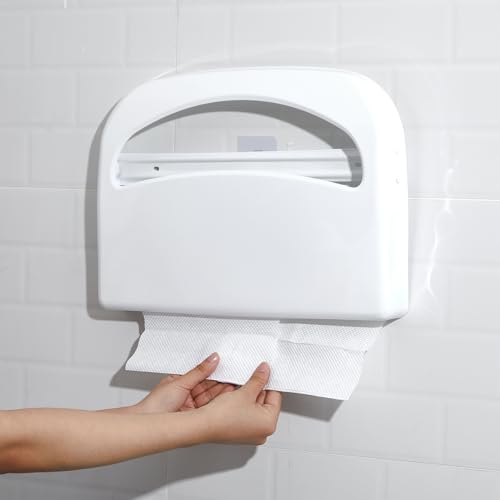 Domensi 2 Pcs Stainless Steel Toilet Seat Cover Dispenser Commercial Toilet Seat Wall Mount Half Fold Cover Holder with Screws for Office Restaurant Home Bathroom School, 16.4 Inch (White) - color: White