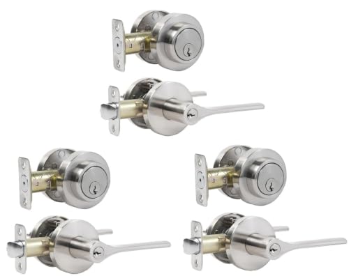 Keyed Alike Front Door Handle and Deadbolt Set, Exterior Door Lock Set with Deadbolt, Heavy Duty Round Door Knob and Deadbolt Lock for Front Doors, Satin Nickel, 3 Pack - size: 3 Pack