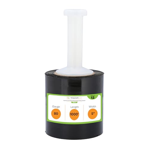 PSBM Dark Black Mini Stretch Wrap with Plastic Handle 5" x 1000' 12 Rolls - color: Black, size: 5 Inch