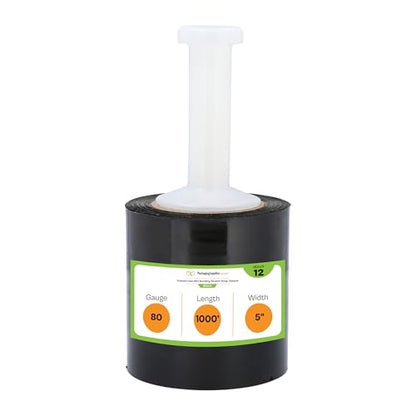 PSBM Dark Black Mini Stretch Wrap with Plastic Handle 5" x 1000' 12 Rolls - color: Black, size: 5 Inch