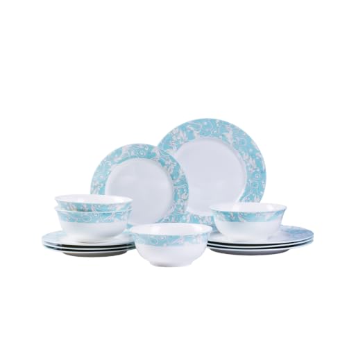 Bone China Dinnerware Set for 4, 12 Pcs Plates and Bowls, Light Blue Rim - color: Light Green