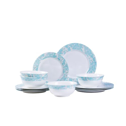 Bone China Dinnerware Set for 4, 12 Pcs Plates and Bowls, Light Blue Rim - color: Light Green