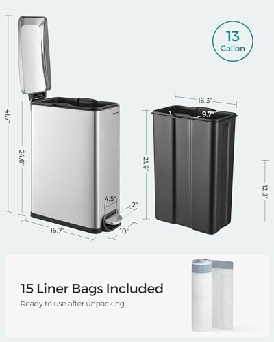 SONGMICS Kitchen Trash Can with Lid, 13-Gallon (50 L) Slim, Stainless Steel - color: Silver, style: 13 Gal.