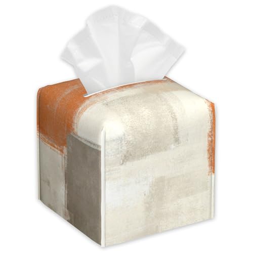 Beige and Orange Abstract Art Tissue Box Cover Square,Tissue Box Holder with Belt Bottom,Stylish Leather Napkin Holder for Vanity Countertop,Nightstands,Office Desk,5.2"×5.2"×5.2" - color: Beige and Orange Abstract Art