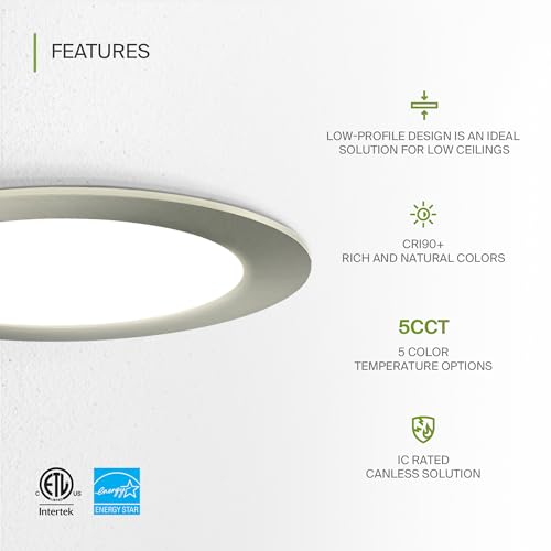 ASD 6 Pack LED Recessed Lighting 6 Inch 12W, 5 CCT 2700K-5000K CRI90+, IC Rated Ultra Thin Dimmable Ceiling Lights with J Box, Canless Wafer Downlight, Round Slim Panel Light, Energy Star ETL, Nickel - color: Nickel, size: 6 Inch 6 Pack