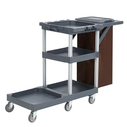 Commercial Janitorial Cart with Wheels,3-Layer Shelves Cleaning Cart,Trash Can Cart,Suitable for Outdoor Commercial, Cleaning or Housekeeping Carts