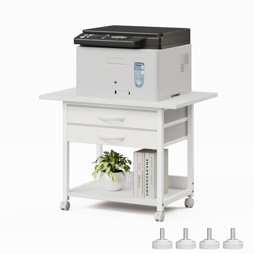 VENNQD Large Printer Stand with Storage Fabric Drawer Under Desk Printer Table with Wheels for Home Office, Printer Cart fit Fax Machine Scanner 23.4"x15.7" (White, 2 Tiers) - color: White, size: 2 Tiers