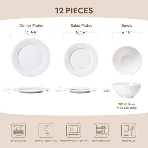 KINGSTONE 12Pc Textured White Bone China Set Service for 4 - color: White-striped, size: service for 4-12pcs