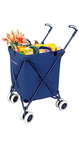 Versacart Transit -The Original Patented Folding Shopping and Utility Cart, Water-Resistant Heavy-Duty Canvas with Cover, Double Front Swivel Wheels, Compact Folding, Transport Up to 120 Pounds, Blue