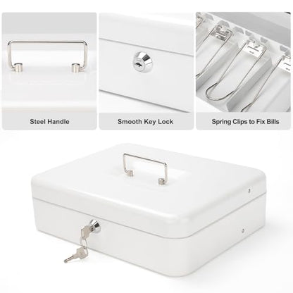 Cash Box with Key Lock & Foam Auto-Pop Coin Tray – Secure Steel Money Box with 4 Upgraded Finger-Safe Bill Clips, Premium Smooth Scratch-Resistant Coating, 11.8"L x 9.5"W x 3.5"H, KL White - color: KL White