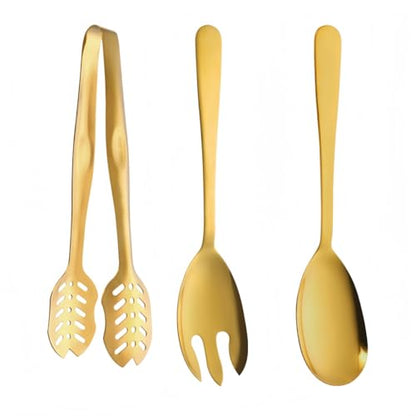 Salad Spoon and Fork Stainless Steel Tong Serving Set, Heavy Duty Smooth Finish Metal Serving Utensils Large Salad Servers for Home Kitchen Party Buffet Supply (Gold) - color: Gold