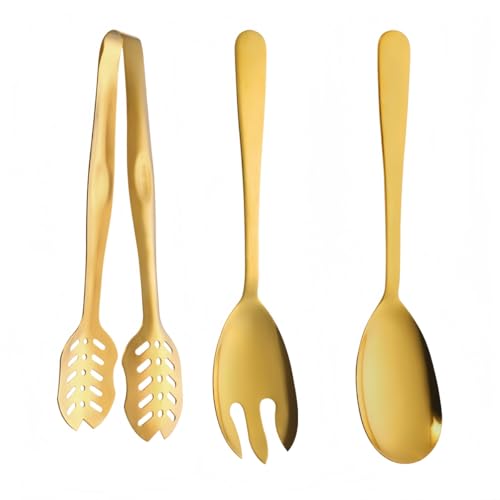 Salad Spoon and Fork Stainless Steel Tong Serving Set, Heavy Duty Smooth Finish Metal Serving Utensils Large Salad Servers for Home Kitchen Party Buffet Supply (Gold) - color: Gold