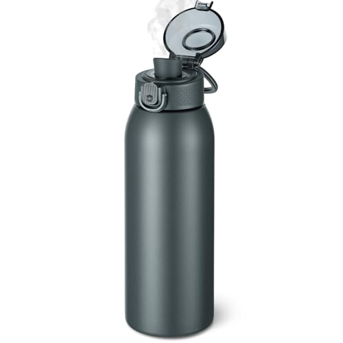 Insulated Water Bottle 24 oz with Dustproof Lid, Carry Handle & Tea Infuser, BPA-Free & Leakproof, Stainless Steel Water Bottles Ideal for Fitness, Hiking, Office & Outdoor Use (Cold Gray) - color: Cold Gray, size: 24 Ounces