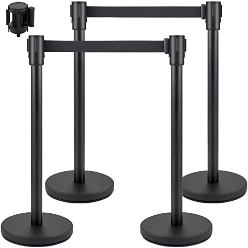 VEVOR Crowd Control Stanchion, Set of 4 Pieces Stanchion Set, Stanchion Set with 6.6 ft/2 m Black Retractable Belt, Black Crowd Control Barrier w/Concrete and Metal Base - Easy Connect Assembly - color: 4 Pcs, size: Big connector, style: Concrete Metal Bo