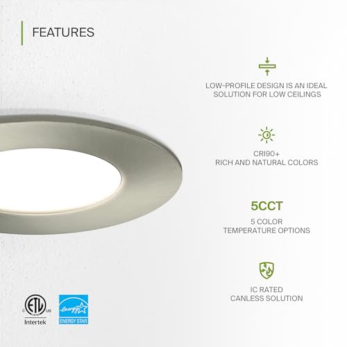 ASD 6 Pack 3 Inch LED Recessed Light 6W, 5 CCT 2700K-5000K CRI90+, IC Rated Ultra Thin Dimmable Ceiling Lights with J Box, Canless Wafer Downlight, Round Slim Panel Lighting, Energy Star ETL, Nickel - color: Nickel, size: 3 Inch 6 Pack